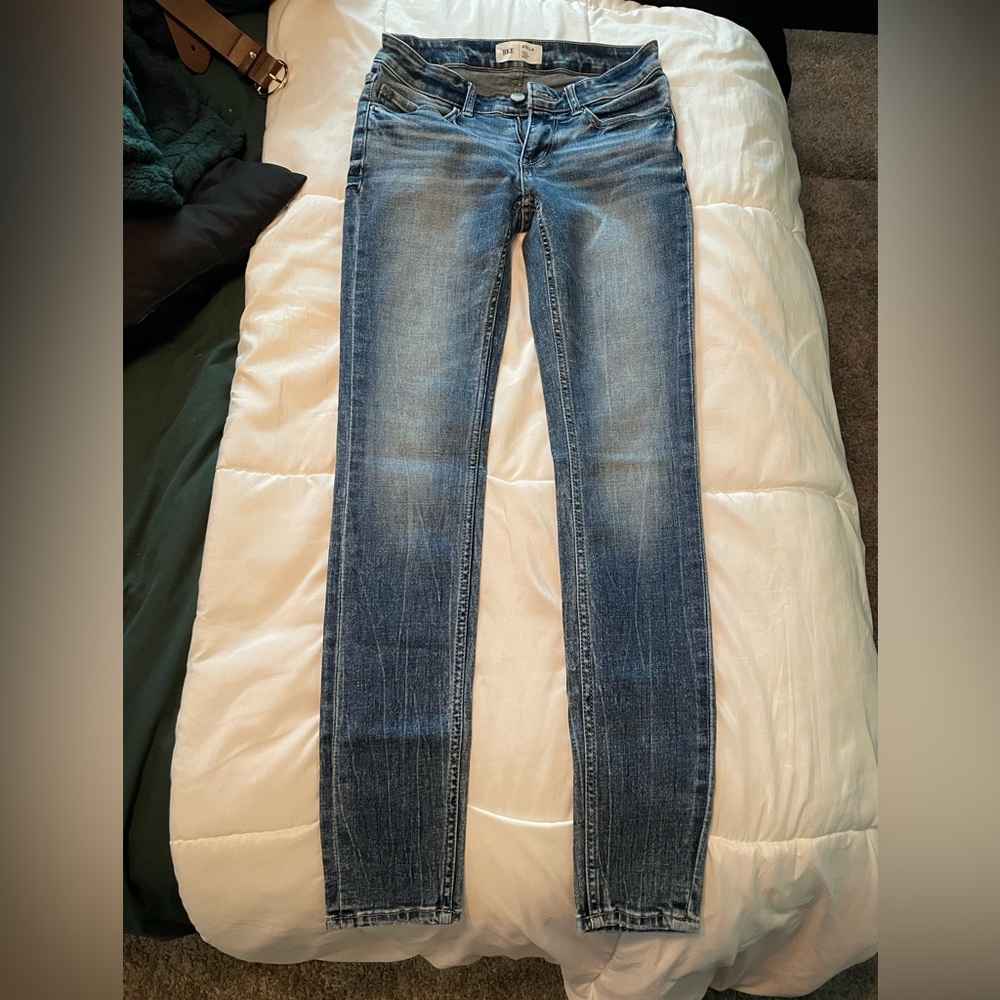 BKE Blue Boot Cut Jeans with Faded Wash and Contrast Stitching